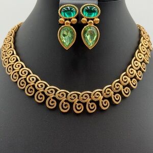 Vintage Elegant Statement Gold and Green Designer Jewelry Set
